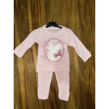 3-12 aylık kedi desen işlemeli takım pembe