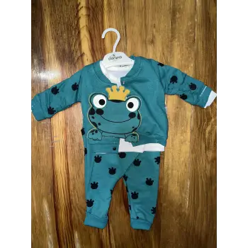 3-12 aylık kurbağa desenli üçlü takım koyumavi