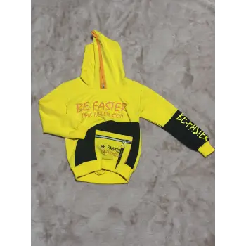 3-9 yaş naskılı ön fermuar detaylı kol ek kapşonlu sweatshirt sarı