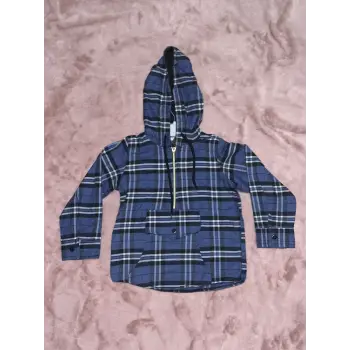 5-10 yaş ekoseli yarım fermuarlı kanguru cep kapşonlu ceket mavi