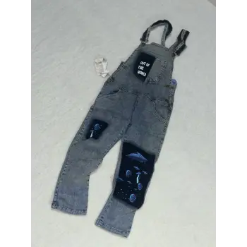 8-9 yaş kız çocuk jeans tulum baskılı buz mavi