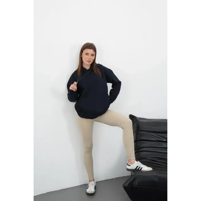 3 iplik şardonlu kapşonlu swetshirt lacivert md63