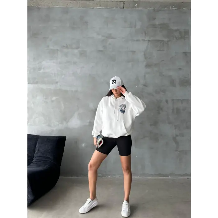 3 iplik şardonlu oversize kafa baskılı sweat beyaz