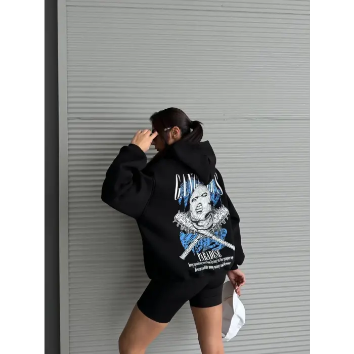 3 iplik şardonlu oversize kafa baskılı sweat siyah