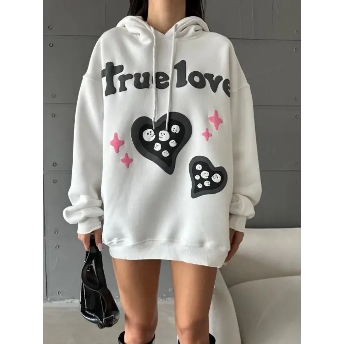 3 iplik şardonlu oversize true baskılı sweat Beyaz