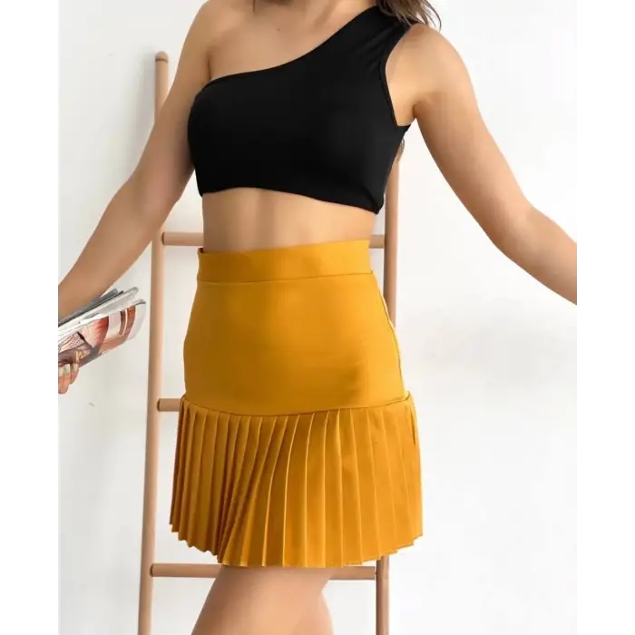 Altı pliseli mini etek hardal s24705
