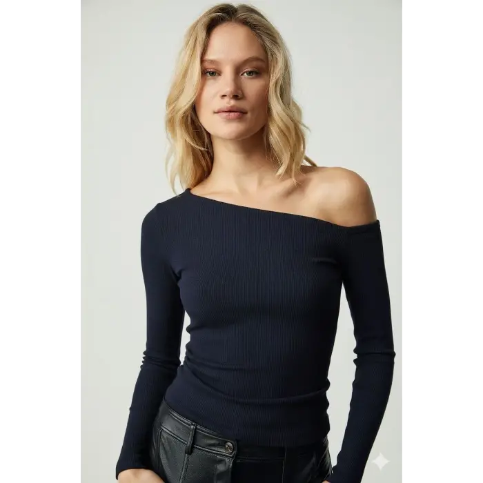 Asimetrik yaka bluz lacivert pt