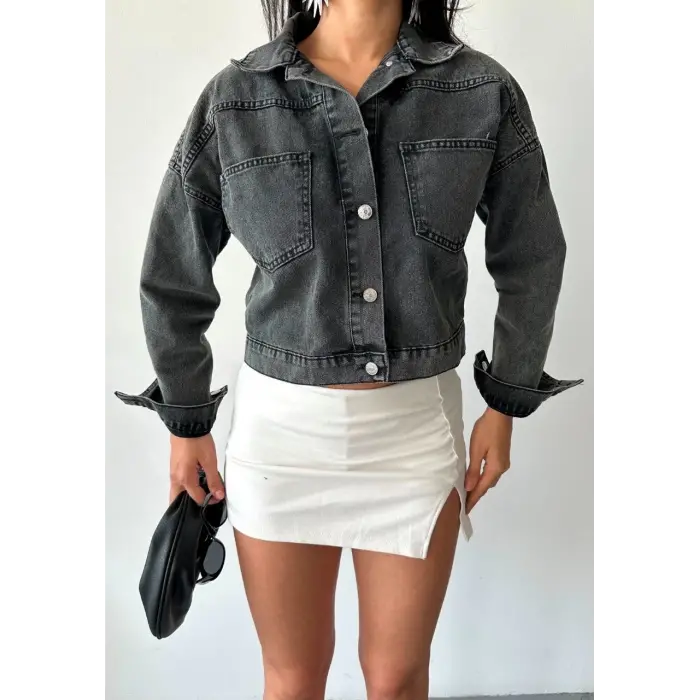 Çift cepli kol katlamalı süper taş enzim yıkama crop kot ceket füme d2000