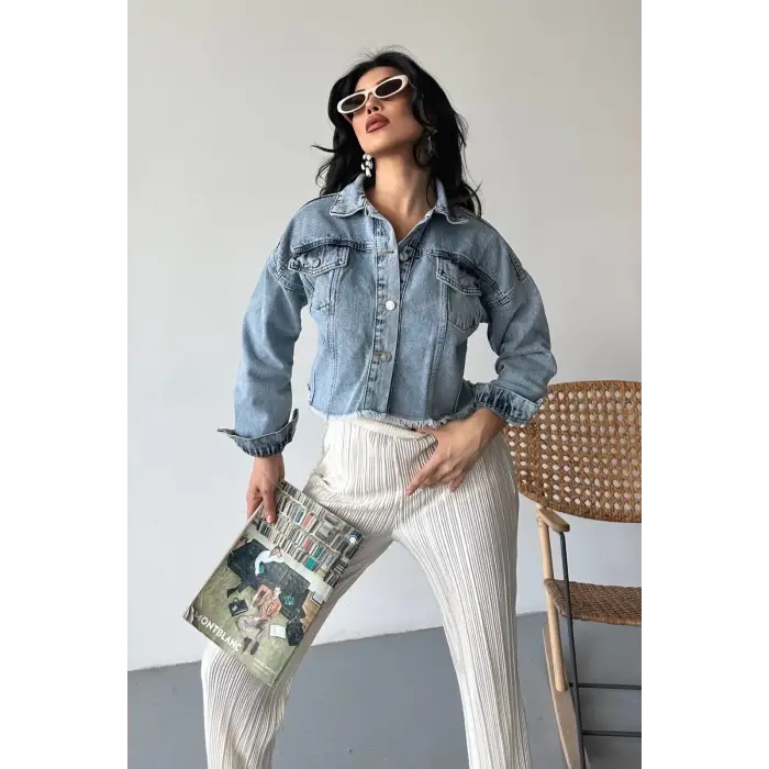 Çift kapaklı püsküllü crop buz mavi d2002