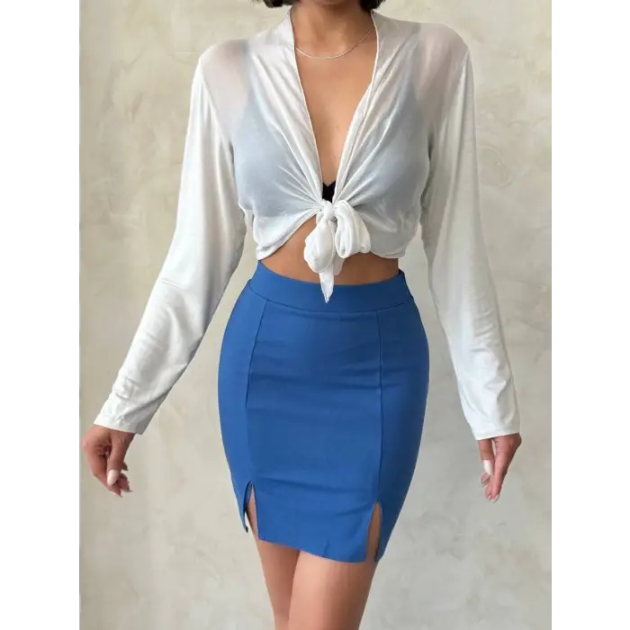 Çift yırtmaçlı etek indigo s25910