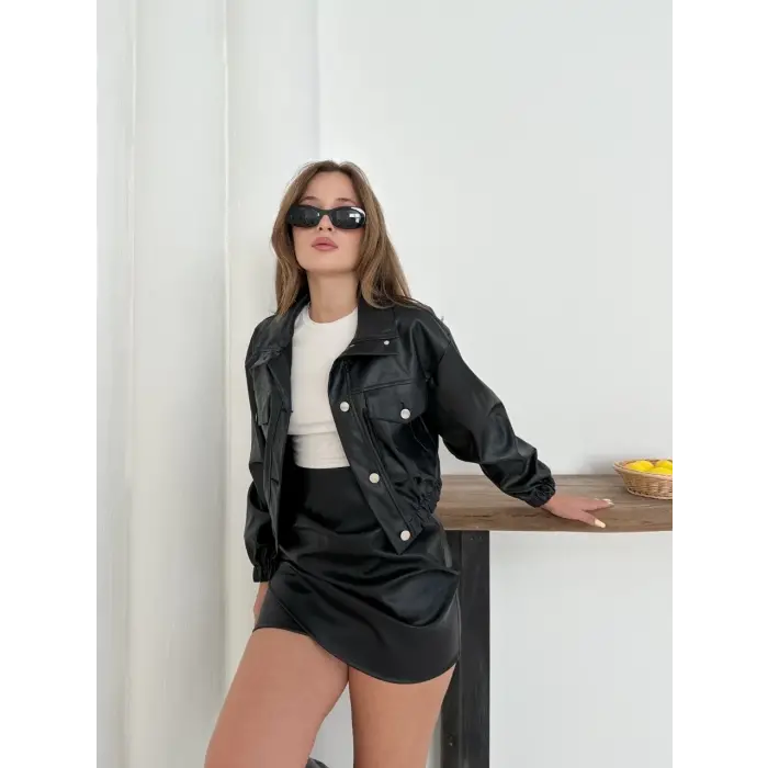 Crop bomber deri ceket siyah st2551985