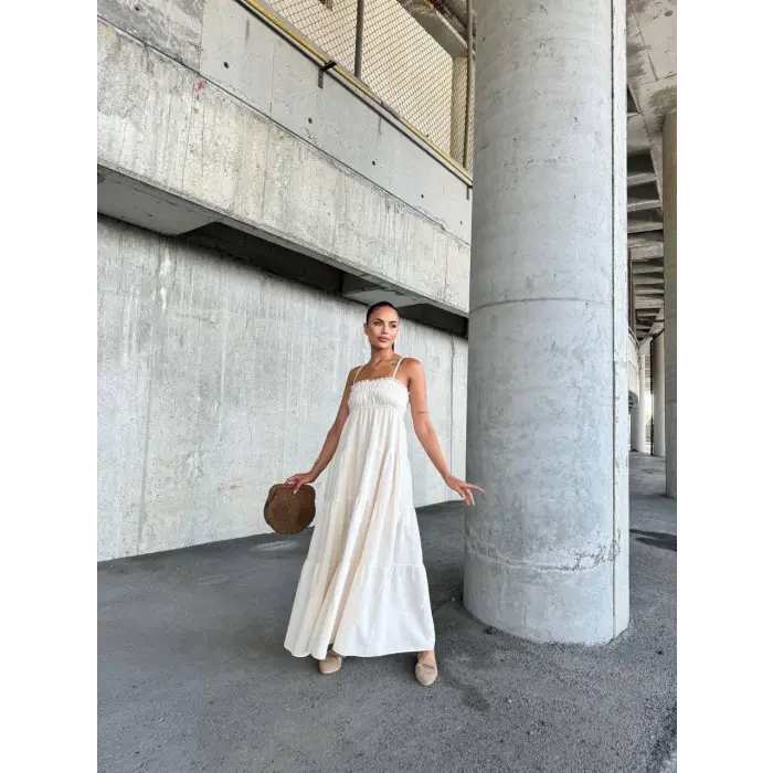 Dantelli askılı keten elbise s4310