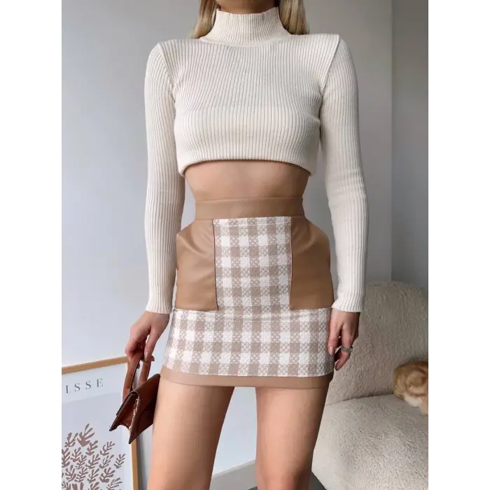 Deri cep garnili kaşe etek bej h24604