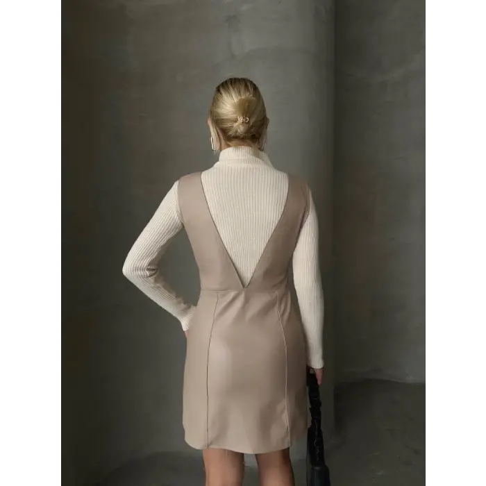 Deri jile elbise bej w24796