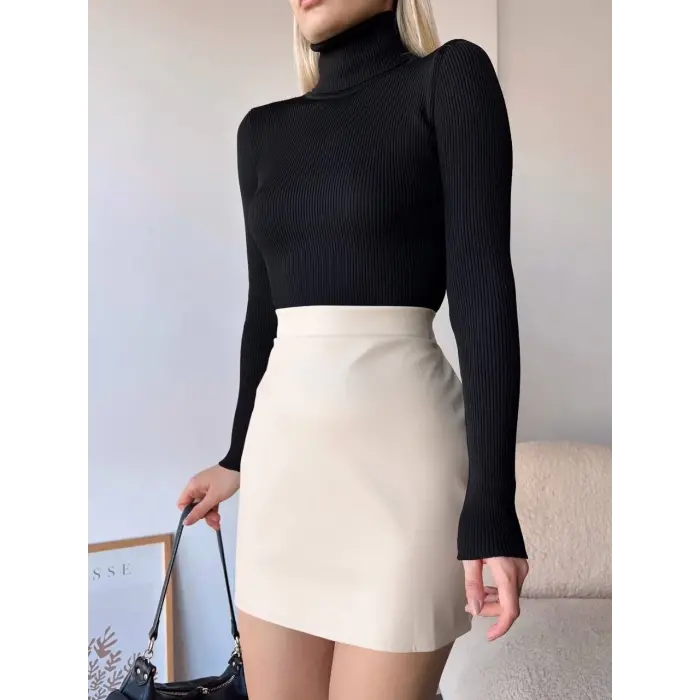 Düz deri etek bej h24468