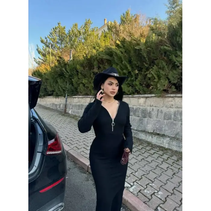 Fermuar detaylı fitilli şardonlu elbise siyah a3178