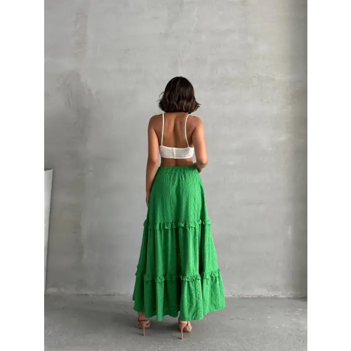 Fırfırlı brodeli astarlı uzun etek yeşil s255047
