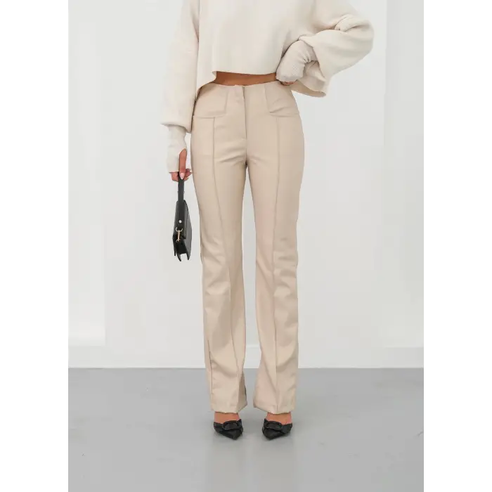 İspanyol yırtmaçlı paça deri pantolon bej hn