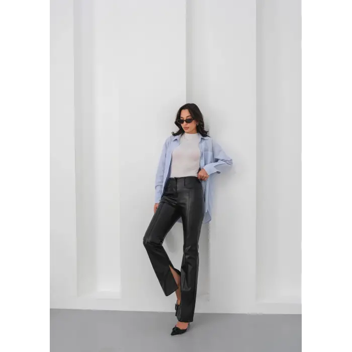 İspanyol yırtmaçlı paça deri pantolon siyah hn