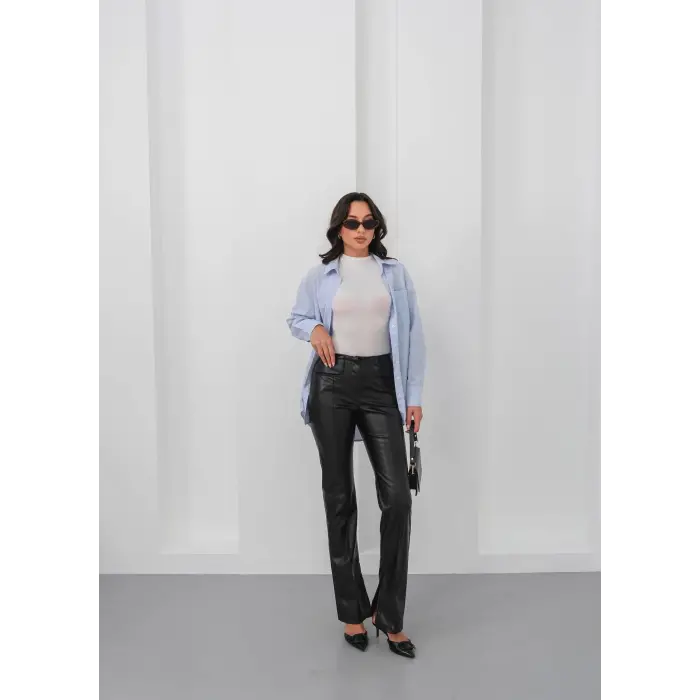 İspanyol yırtmaçlı paça deri pantolon siyah hn