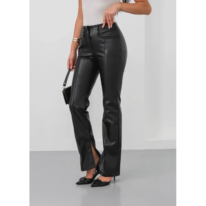 İspanyol yırtmaçlı paça deri pantolon siyah hn