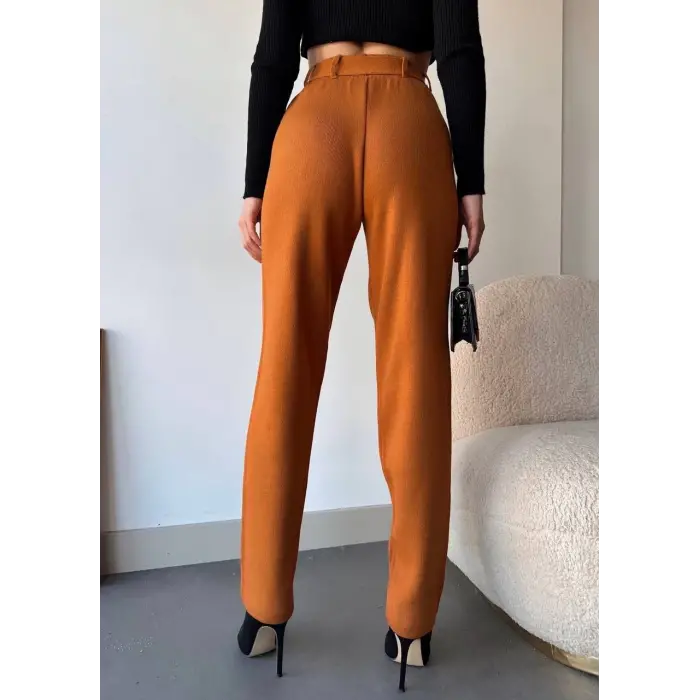 Kendinden kemerli triko pantolon camel