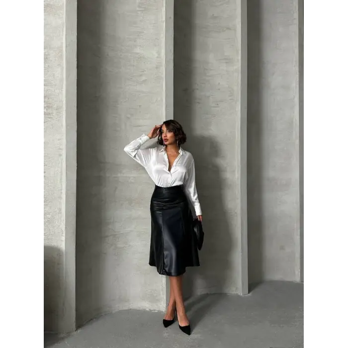 Komple parçalı deri etek siyah h26441