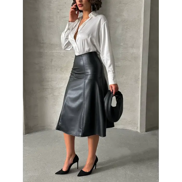 Komple parçalı deri etek siyah h26441