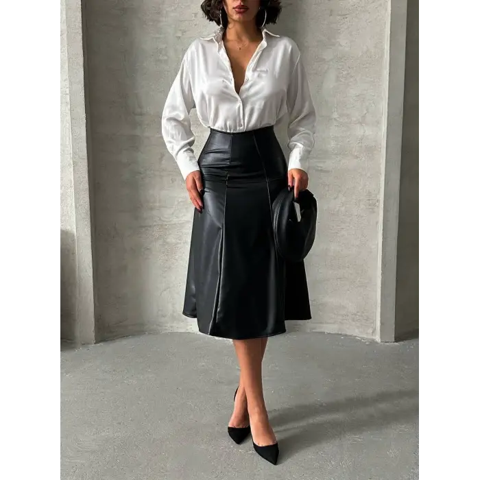 Komple parçalı deri etek siyah h26441