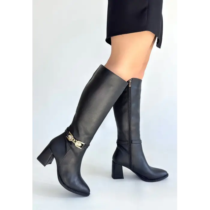 Mooni Siyah Cilt Topuklu Çizme