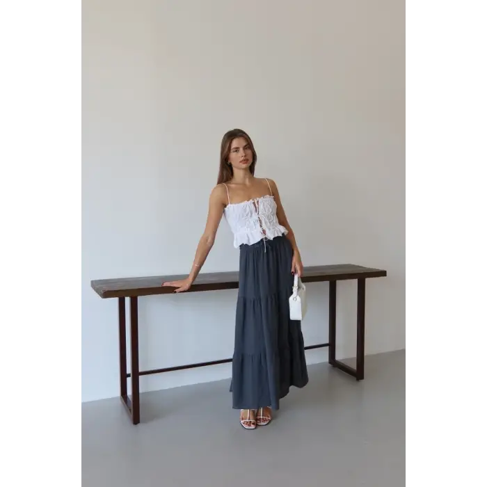 Müslin kumaş keten uzun etek antrasit pt