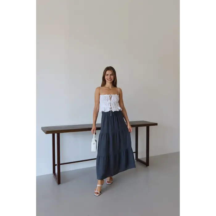 Müslin kumaş keten uzun etek antrasit pt