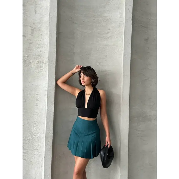 Pileli düğmeli etek yeşil s24811