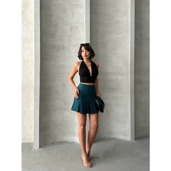 Pileli düğmeli etek yeşil s24811