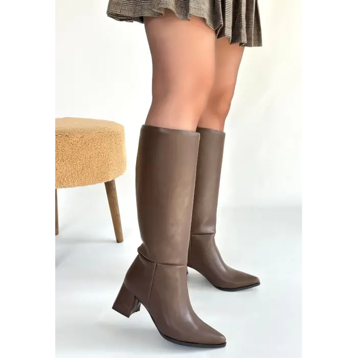 Roksa Acı Kahvei Cilt Topuklu Çizme