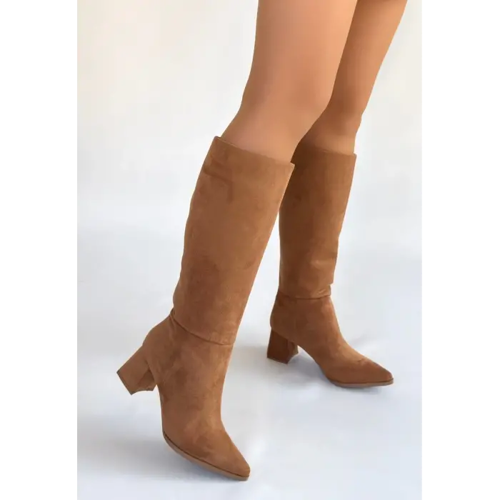 Roksa Taba Süet Topuklu Çizme