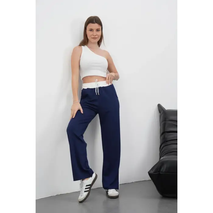 Şeritli garnili pantolon lacivert