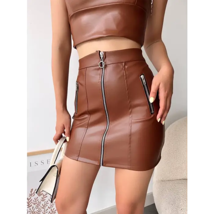 Üç fermuarlı deri etek kahve s24510