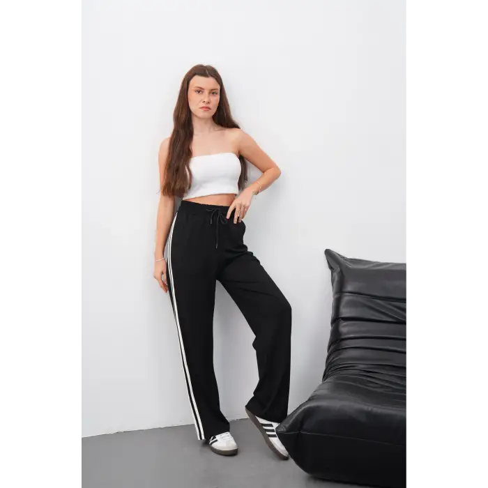 Yandan çift şeritli pantolon siyah