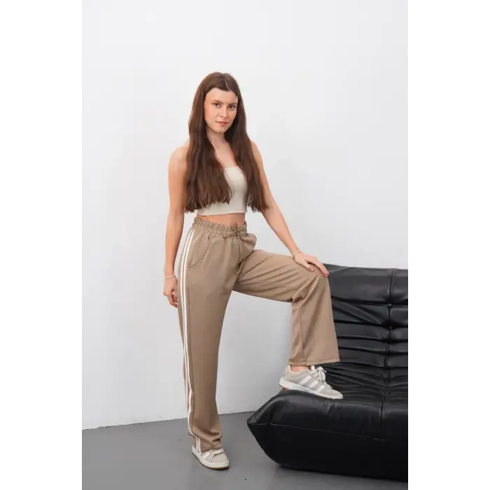 Yandan çift şeritli pantolon vizon