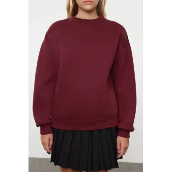 3 iplik şardonlu bisiklet yaka sweatshirt bordo