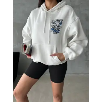 3 iplik şardonlu oversize kafa baskılı sweat beyaz