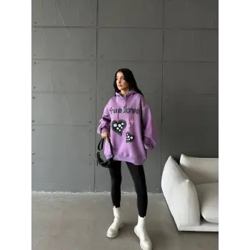 3 iplik şardonlu oversize true baskılı sweat mor