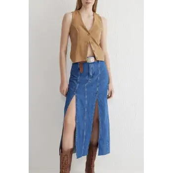 Çift yırtmaçlı jean etek s140