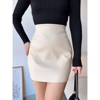 Düz deri etek bej h24468