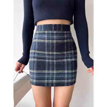 Ekoseli kaşe etek lacivert hf