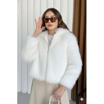 Fermuarlı kısa kürk beyaz t7746