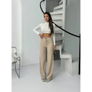 Fitilli şardonlu pantolon bej a4058