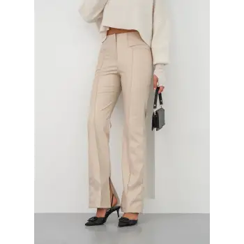 İspanyol yırtmaçlı paça deri pantolon bej hn