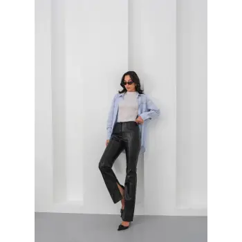 İspanyol yırtmaçlı paça deri pantolon siyah hn